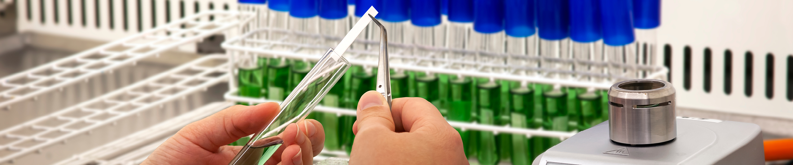 Reagensglas med grøn væske og blå hætter til bakteriesporing via en biologisk indikator. Trin et vises hvor den biologiske indikator indføres i reagensglasset.